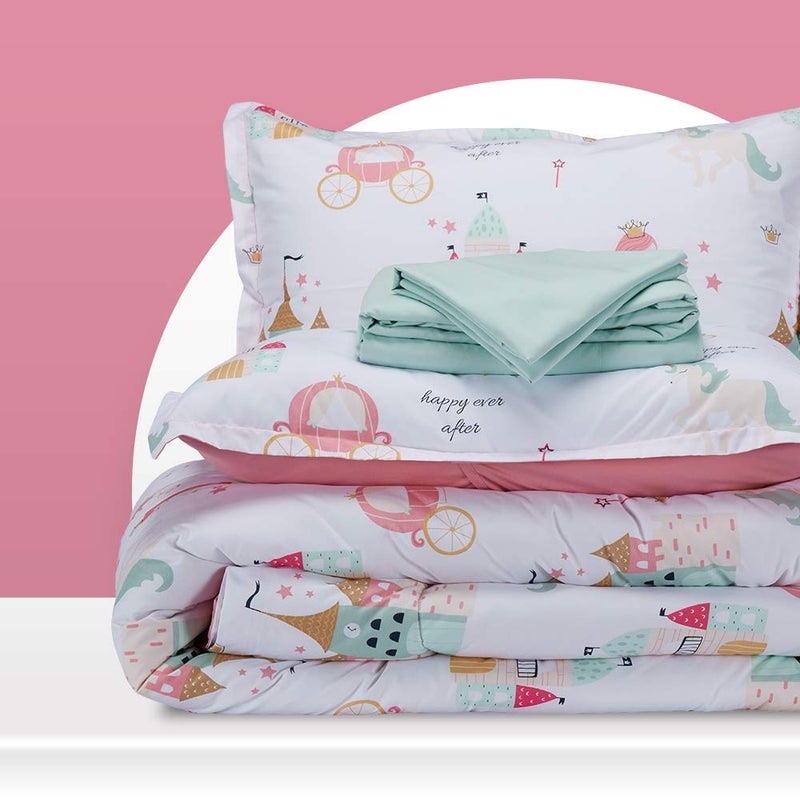 SLEEP ZONE Kids Bedding Comforter Set Full/Queen Size - Super Cute & Soft Kids Bedding Bed in a Bag 7 Pieces Set with Comforter, Sheet, Pillowcase & Sham (Princess Castle) - Image 1